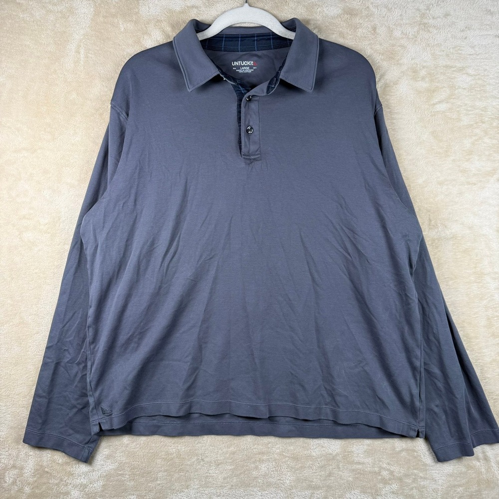 UNTUCKit Mens Large Long Sleeve Polo Shirt Charcoal Grey Cotton Plaid Trim